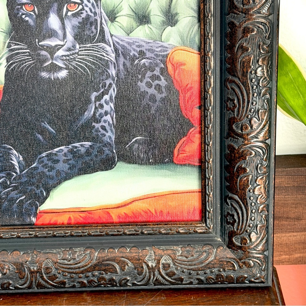 Fancy Black Panther on Vintage Couch Moody Floral Canvas Art Print Ornate Frame - Picture 4 of 9